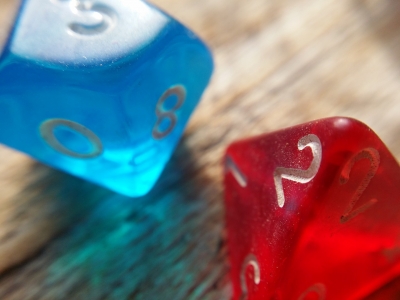 two, eight-sided dice on a table